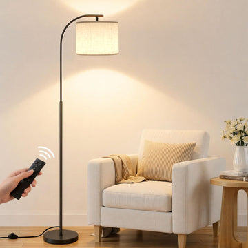 Floor Lamp with Linen Shade, Arc Dimmable Tall Standing Lamp with Remote Control, Modern Floor Reading Light Bedroom
