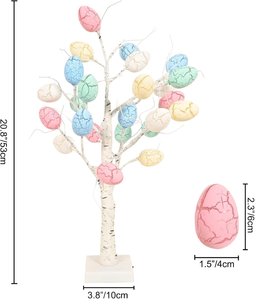 Easter Decorations 24 inch Pre-lit White Birch Tree with Easter Egg Ornaments, 24 Led Lights Battery Operated - Set of 24