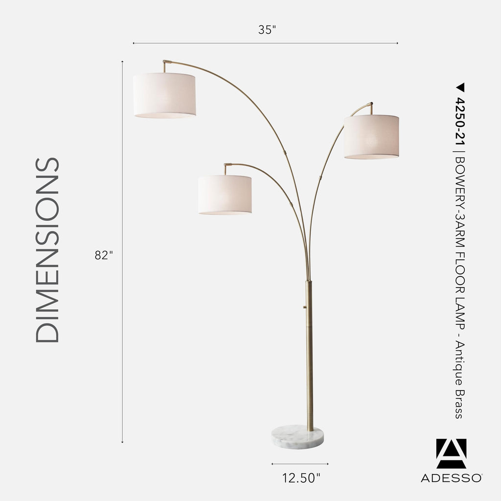 3-Arm Arc Floor Lamp with Marble Base and Off-White Linen Lampshade - 4-Way Adjustable Brightness, Bedroom, Home