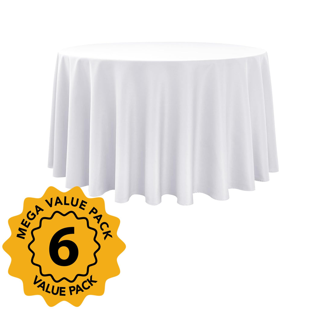 6-Pack White Round Tablecloths, 120 in, for 5-6 Ft Round Tables