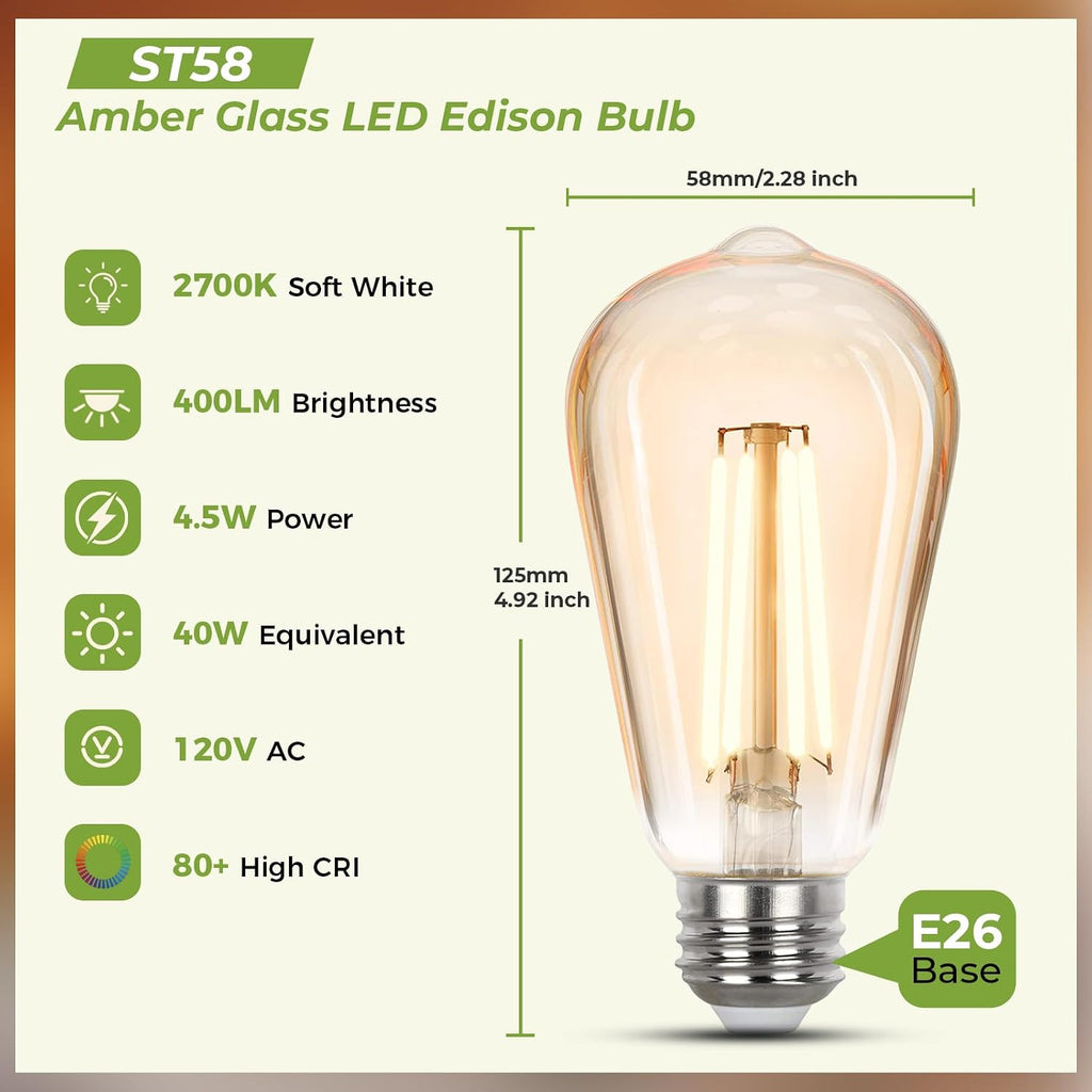 Vintage LED Edison Bulbs 40 watt Equivalent, Dimmable E26 Light Bulb 2700K Soft Warm White, Amber Glass ST58 Vintage (4 Pack)