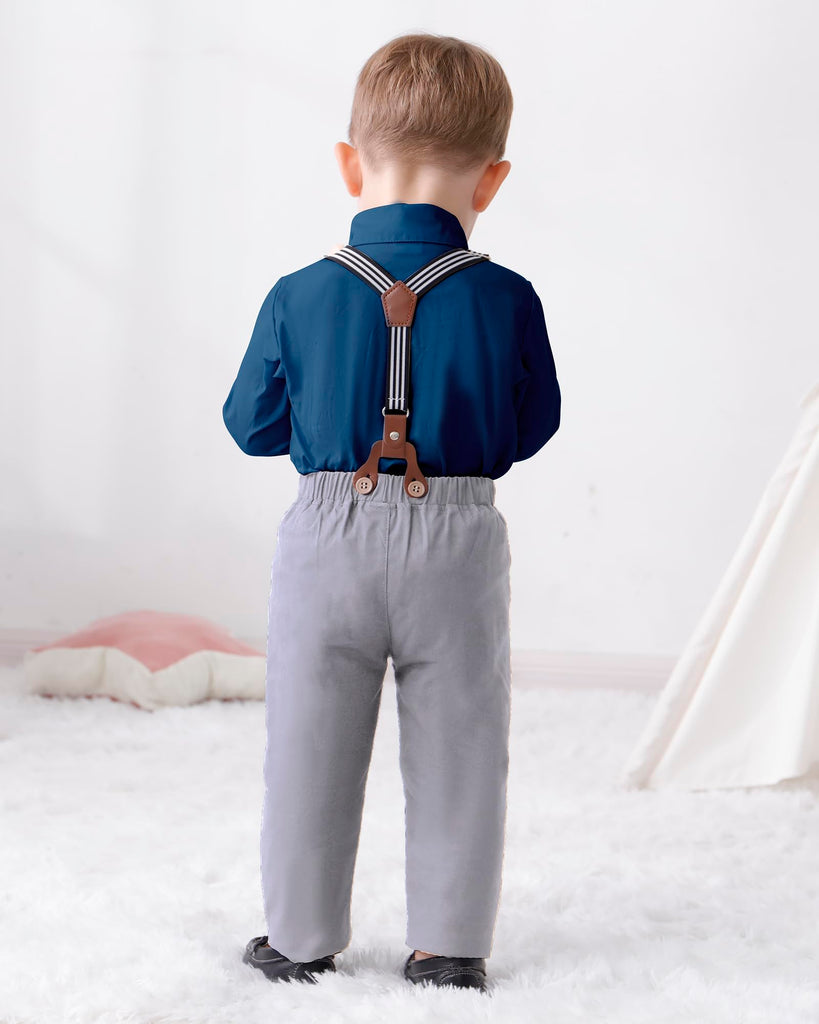 Boys Church Outfit Long Sleeve Dark Blue Grey Dress Shirt Bow Tie Suspender Pants Toddler Formal Outfit Boy