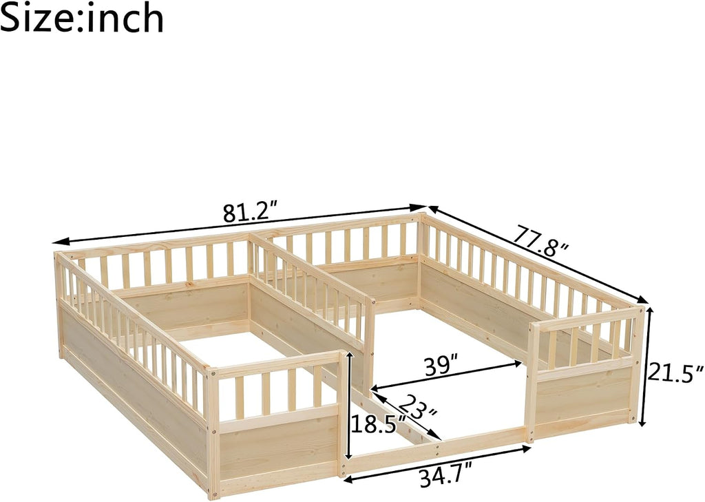 Double Floor Beds for 2 with Fence, Natural