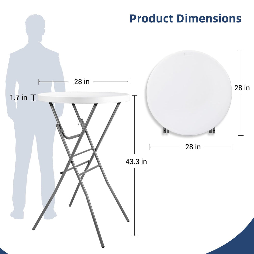 28in Folding Cocktail Table, Round Bar Height High Top, White 2PK