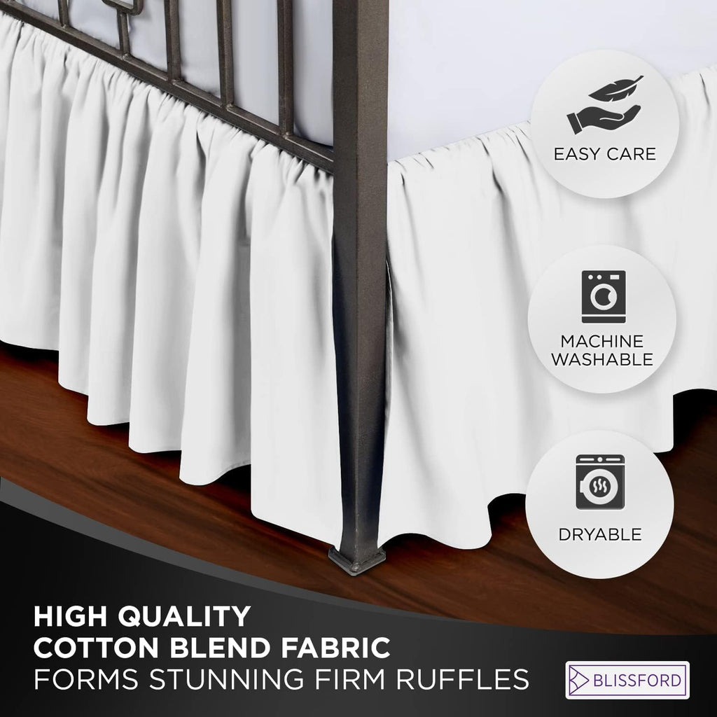 White Bed Skirt Queen Size 14 inch Drop - with Split Corners - Cotton Blend Ruffled Bed Skirt, Dust Ruffle for Queen