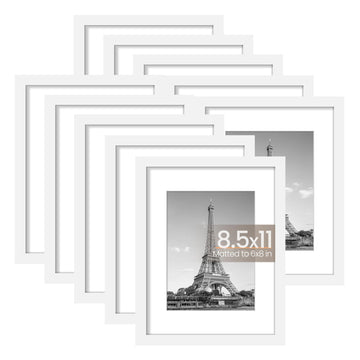 8.5x11 Picture Frame Set of 10, Display Pictures 6x8 with Mat or 8.5x11 Without, Multi Photo Frames Collage for Wall