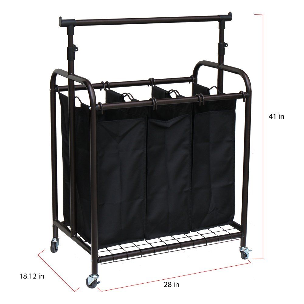 3-Bag Rolling Adjustable Hanging Bar Laundry Sorter, Bronze