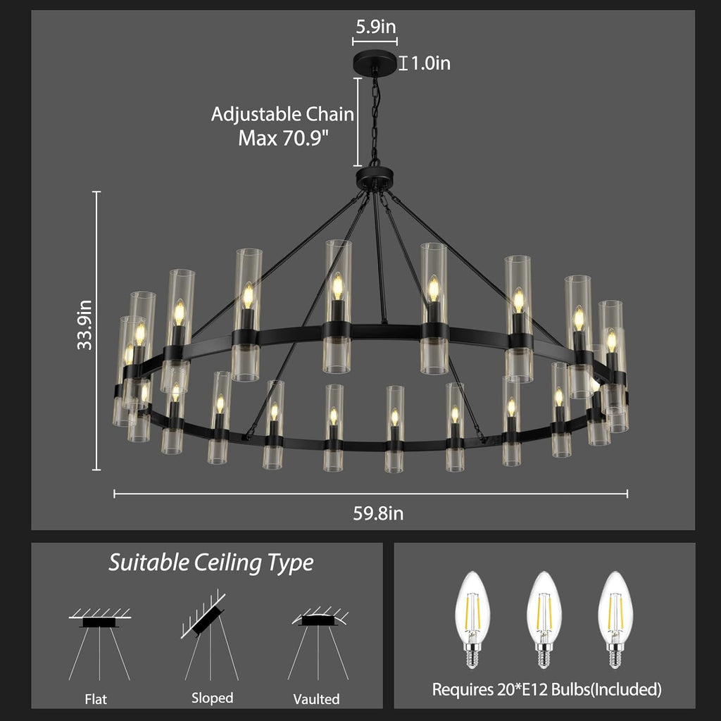 Black Wagon Wheel Chandelier, 60 Inch Glass Chandeliers, 20 Light Chandelier for High Ceiling, Modern Farmhouse Chandeliers for Living Room, Dining Room, Entryway, Stairwell(Bulbs Included) A115-B0F29GZ45T