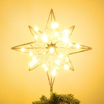 Christmas Tree Topper, 11 Inches Lighted Gold Glittered 8-Point Star Tree Topper, 30 LED Sparkling Tree Toppers