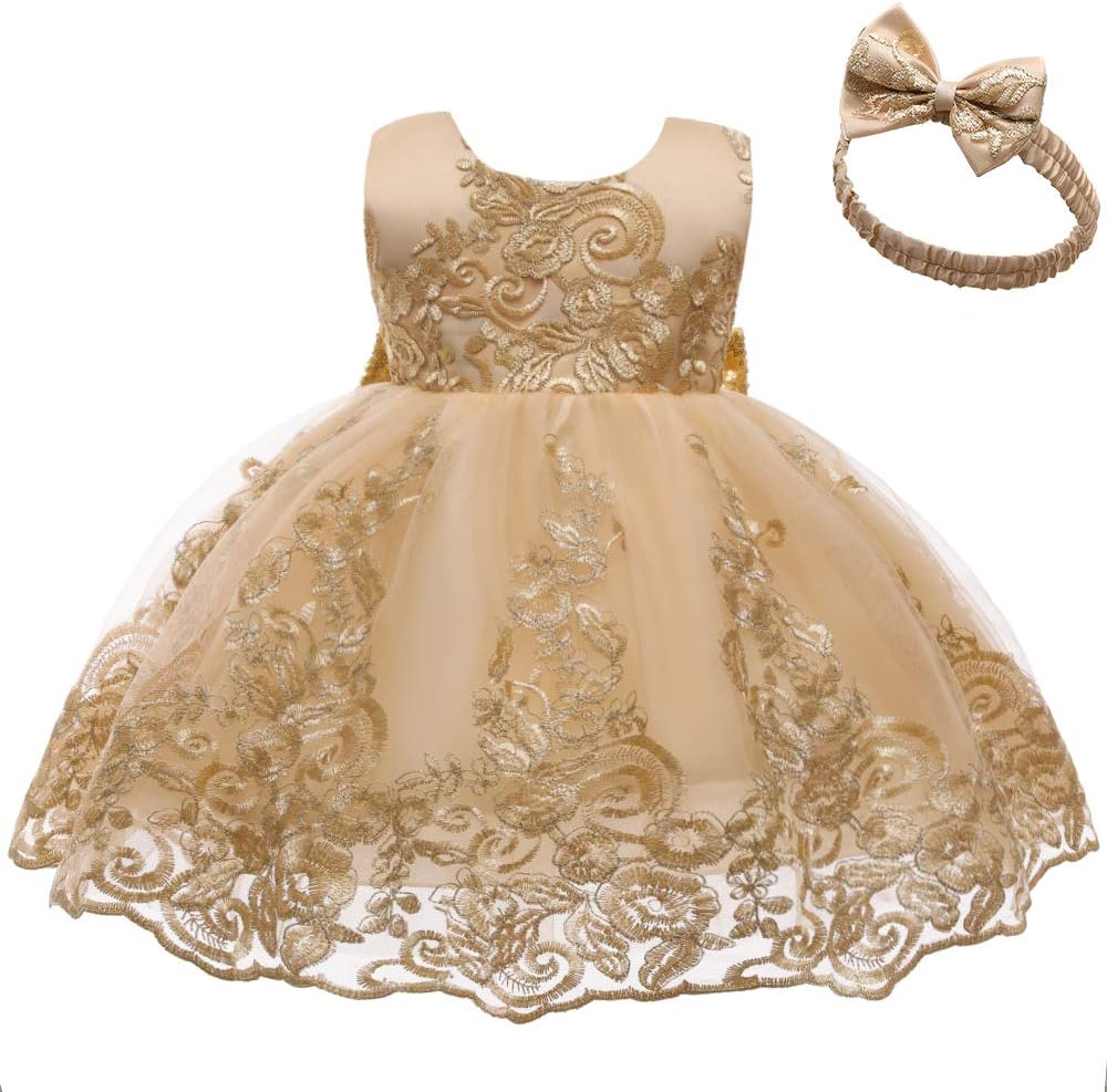 Big Bowknot Sequins Embroidered Lace Party Tutu Gown Toddler Baby Girls Dress with Headwear