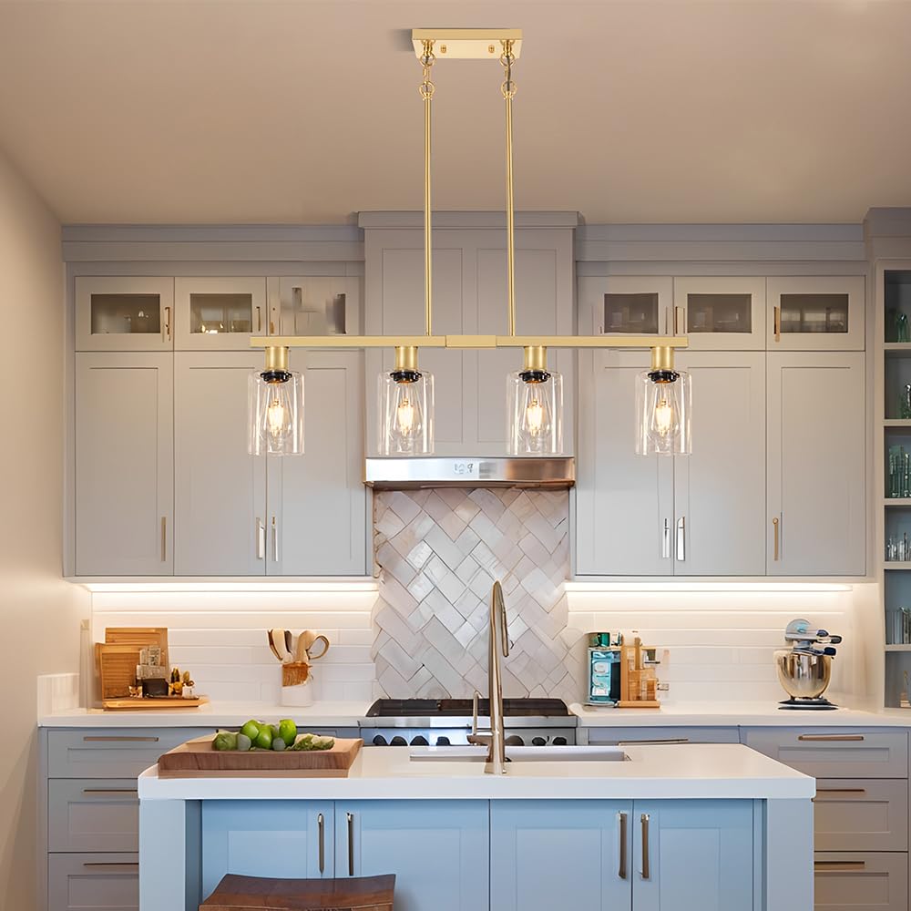 Kitchen Island Lighting, Gold Dining Room Light Fixtures over Table, Island Lights with Glass Shade