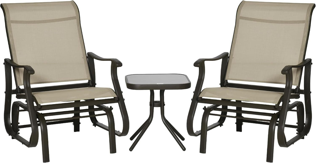 3-Piece Outdoor Gliders Set Steel Frame Patio Gray | Bistro Table and Chairs, Tempered Glass Top Table, Garden