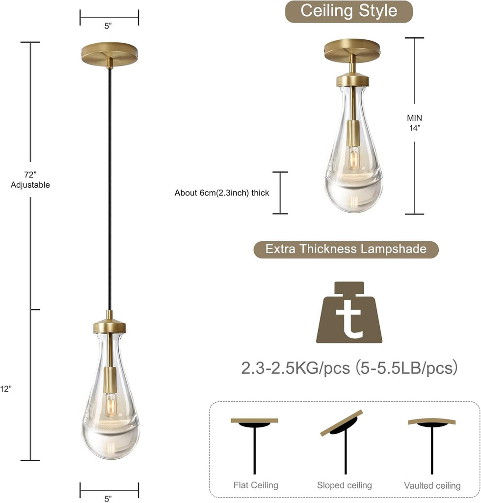 Raindrop Pendant Lights Kitchen Island Teardrop Gold Hanging Light Fixtures Clear Solid Glass Pendant Light Modern Chandeliers for Dining Room Porch Corridor Living Room A121-B0BN138WSY