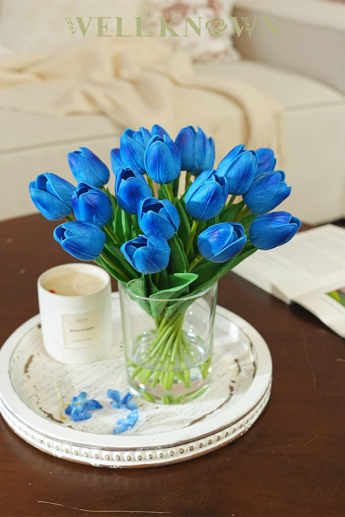 20pcs Royal Blue Fake Tulips in Vase with Faux Water