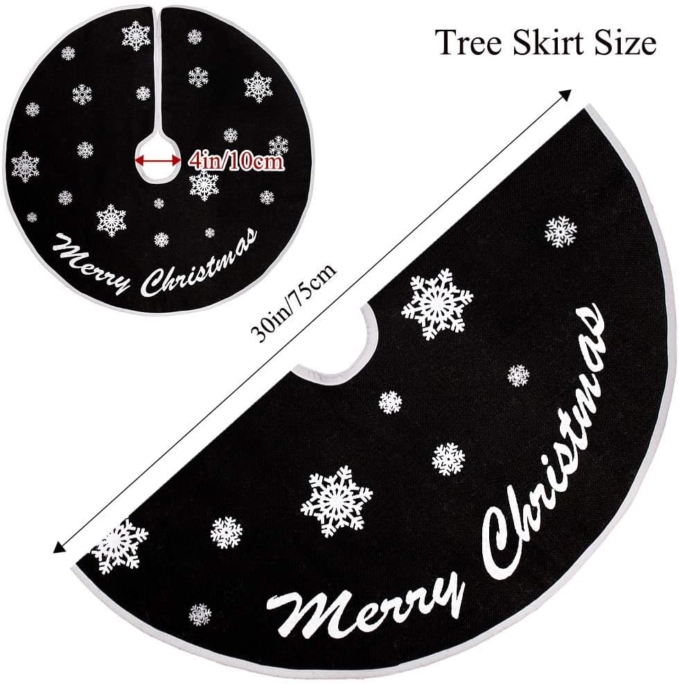 Burlap Christmas Tree Skirt, 30 Inch Black Tree Skirt with White Snowflakes and Merry Christmas Words, for Xmas