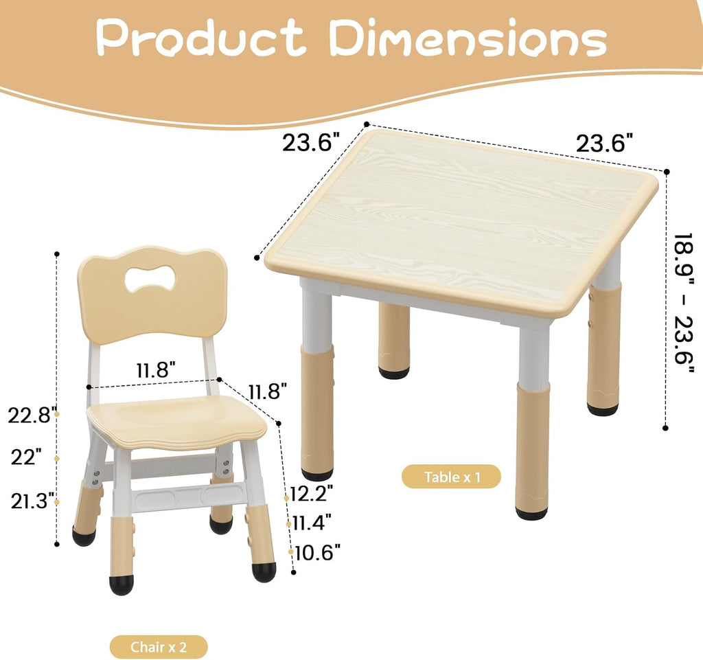 Kids Table and 2 Chairs Set, Height Adjustable Toddler Table and Chairs Set