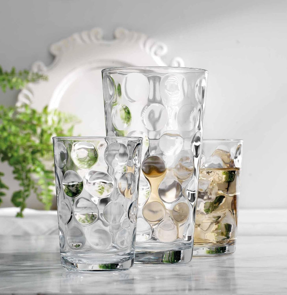 Glassware Set 18 Piece Mixed Drinkware Set. 6 Highball Tumblers-17 oz., 6 Rock Whiskey-13 oz., and 6 Juice-7 oz. All