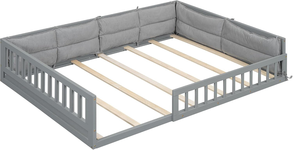 Floor Bed with Fence and Pillow, Kids Montessori Bed with Safety Guardrails, Solid Wood Playhouse Bed Frame