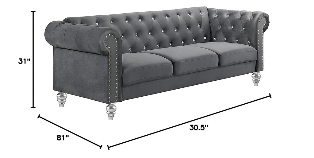 Glam Emma Three Seater Chesterfield Style Sofa for Small Spaces with Crystal Button Tufts, Gray