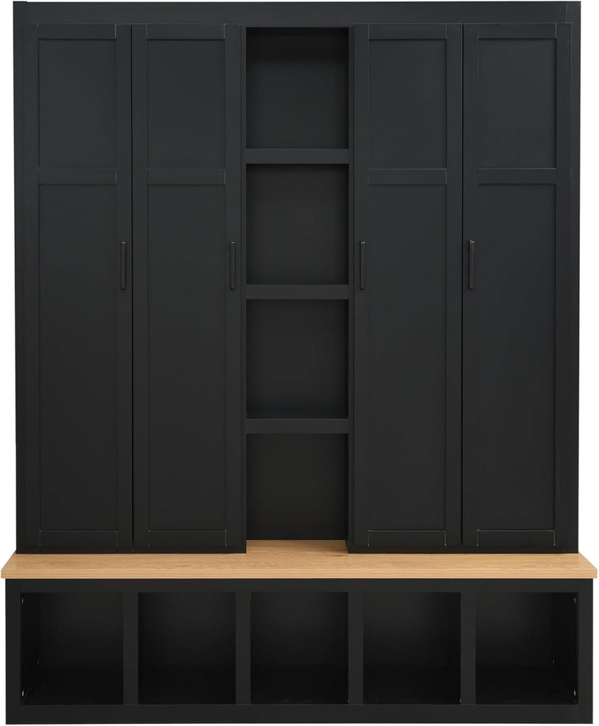 Modern Farmhouse Hall Tree with Bench, 4-in-1 Entryway Storage Cabinet & Shoe Organizer with Hooks, Black
