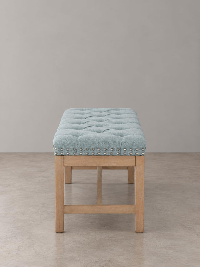 Province Linen Tufted Upholstered Bench - White Distressed Wood Legs with Nailhead Traditional Coastal Contemporary
