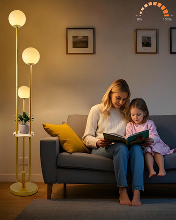 Gold Globe Floor Lamp 3-Lights Dimmable Floor Lamps with Tray& Bulbs Included Unique Floor Lamp Modern Standing Lamps