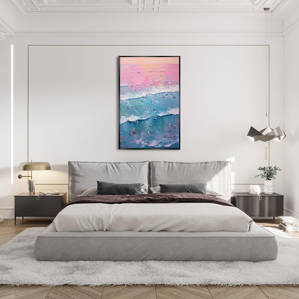 Trendy Summer Wall Art Blue Beach Poster Pink Sky Canvas Preppy Ocean Surf Print Beachy Painting Coastal Picture