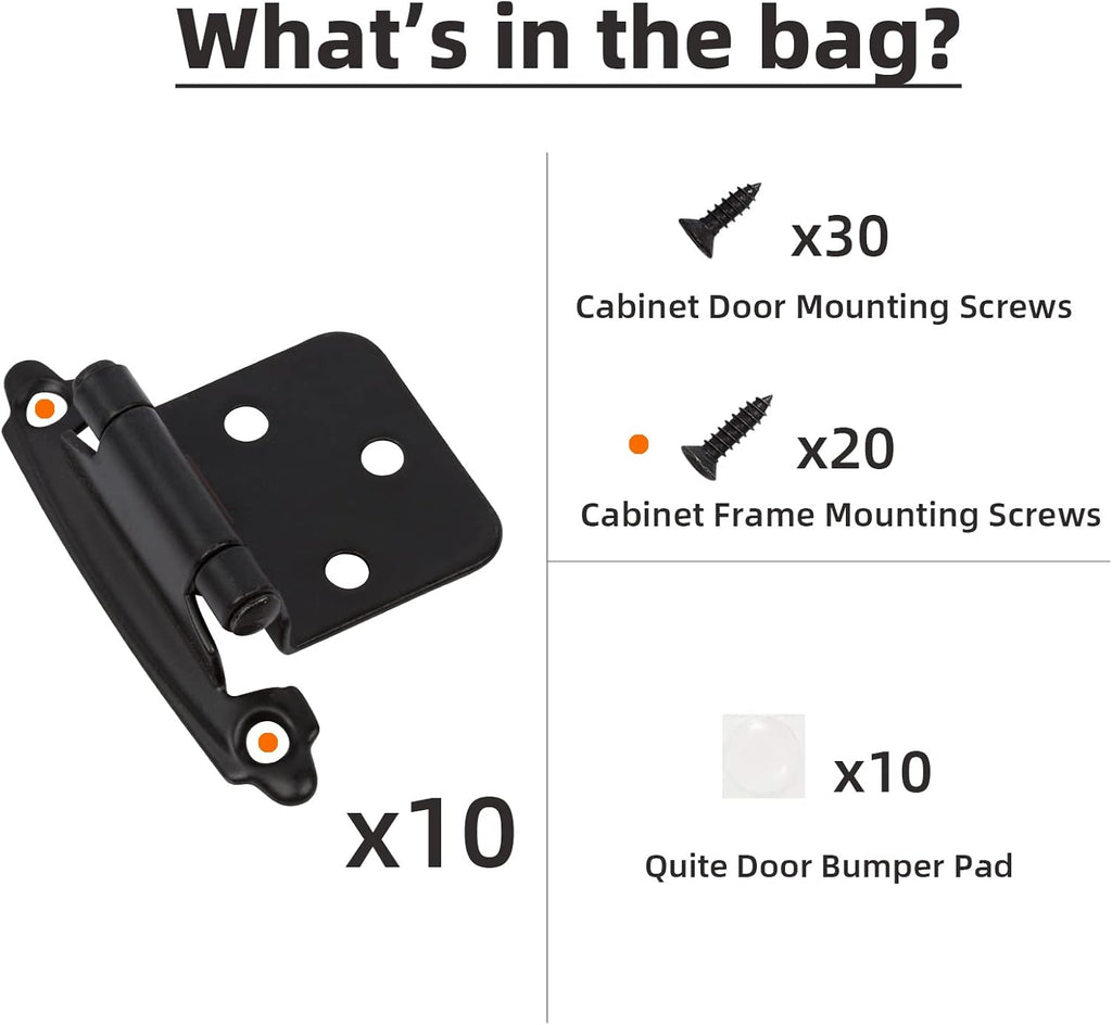 1/2" Overlay Matte Black Cabinet Hinges (5 Pair -10 Pcs) Self Closing Bath & Kitchen Cabinet Hinges Black Flush Mount