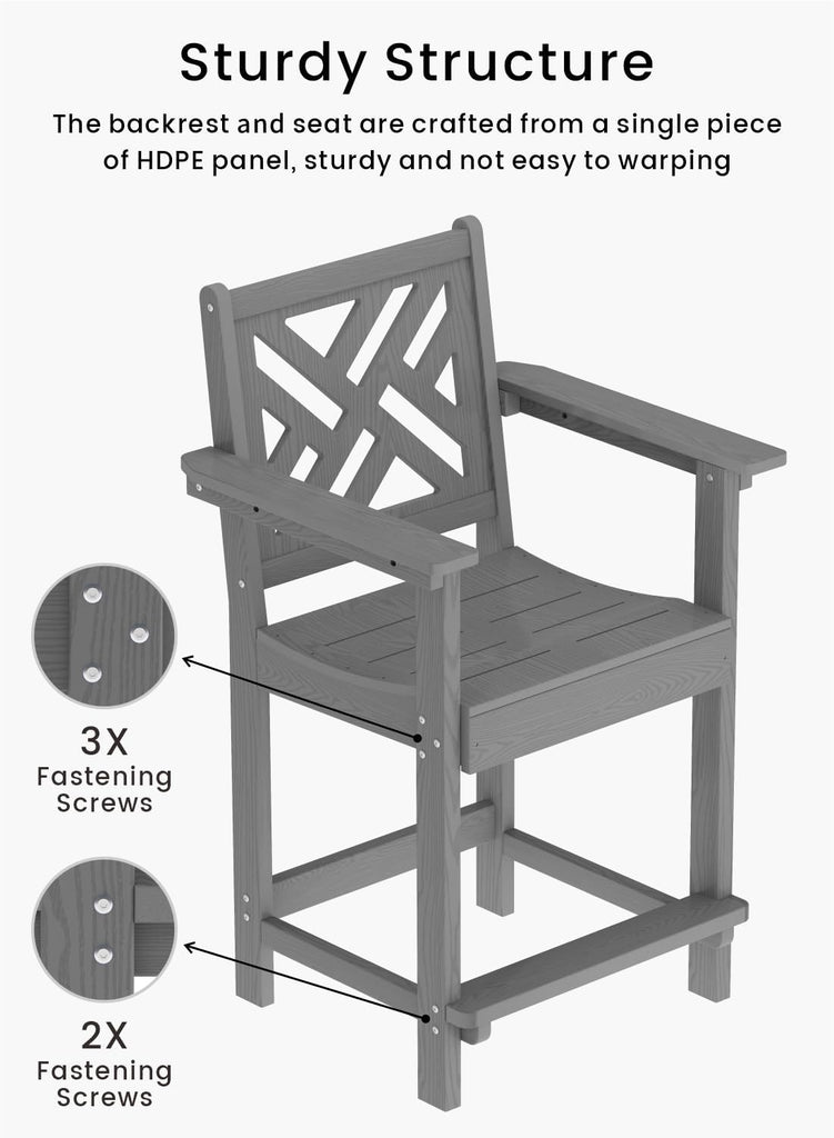 Tall Adirondack Chairs Set of 2, Outdoor 24'' Counter Height Bar Stools with Back and Arms, All-Weather HDPE Patio