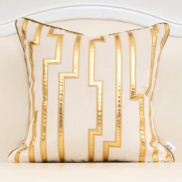 Gold Leather Striped White Throw Pillow Cover 20x20 Inch, Geometric Luxury Decorative Embroidered Velvet Pillow Cover