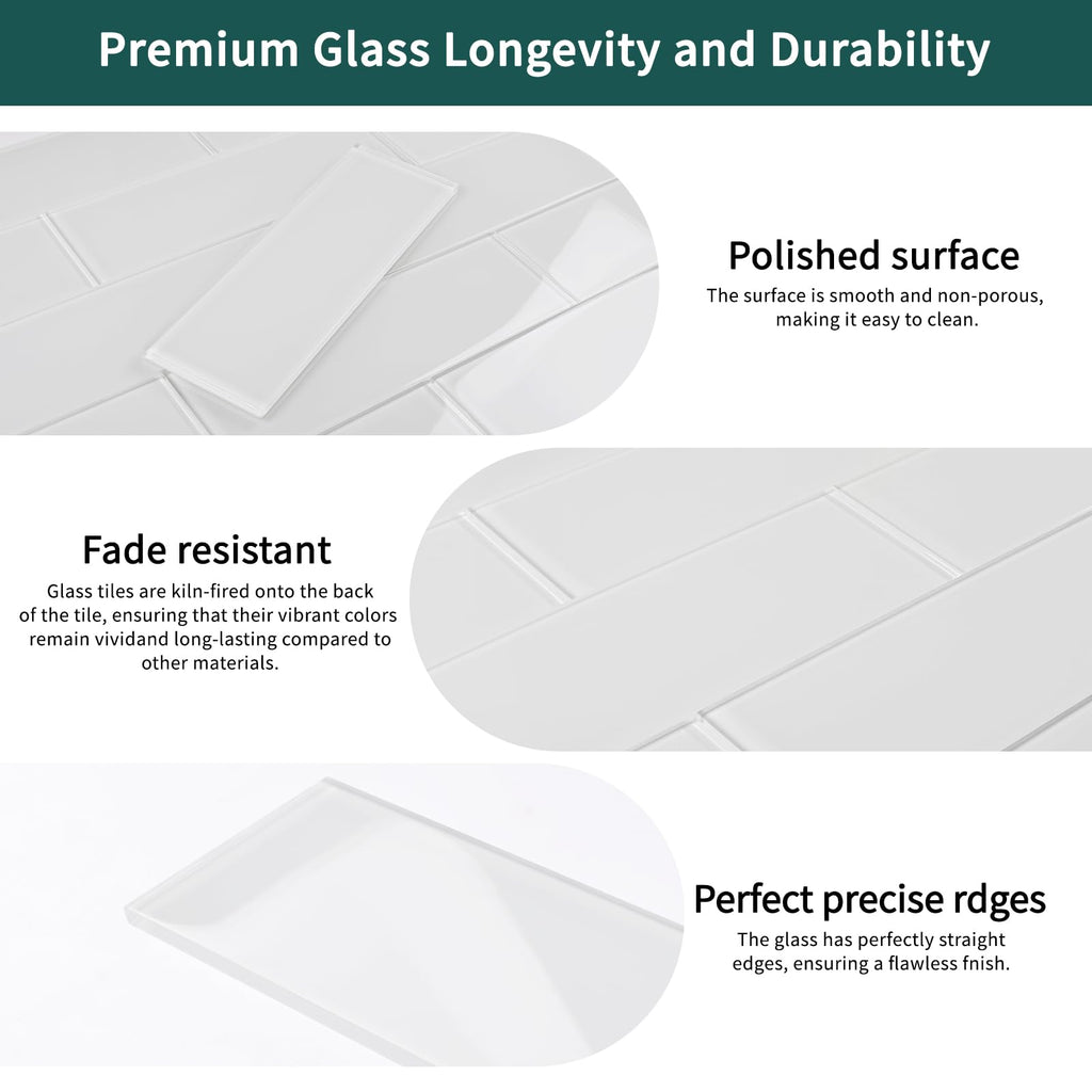 White Glass Subway Tile, Glass Kitchen Shower Backsplash Wall, 4 x 12 Inches, 12Pcs, 4 Sq.Ft.
