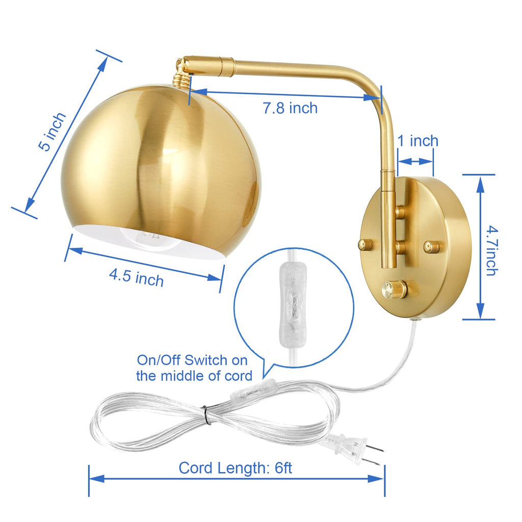 Wall Sconces Plug in, Dimmable Wall Sconce Swing Arm Wall Lights with Plug in Cord and Dimmer On/Off Knob Switch