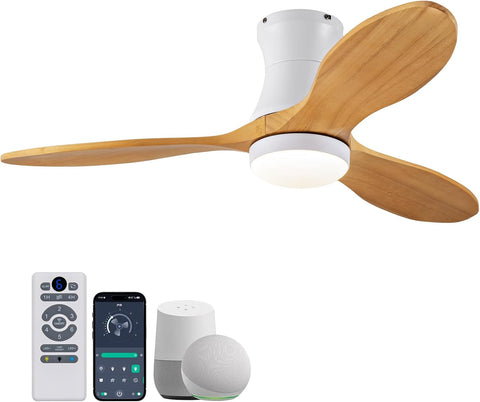 42 Inch Inspired Maverick Style Smart Ceiling Hugger Fan with LED Light & Remote - Flush Mount, Solid Wood Blades, 6-Speed - White