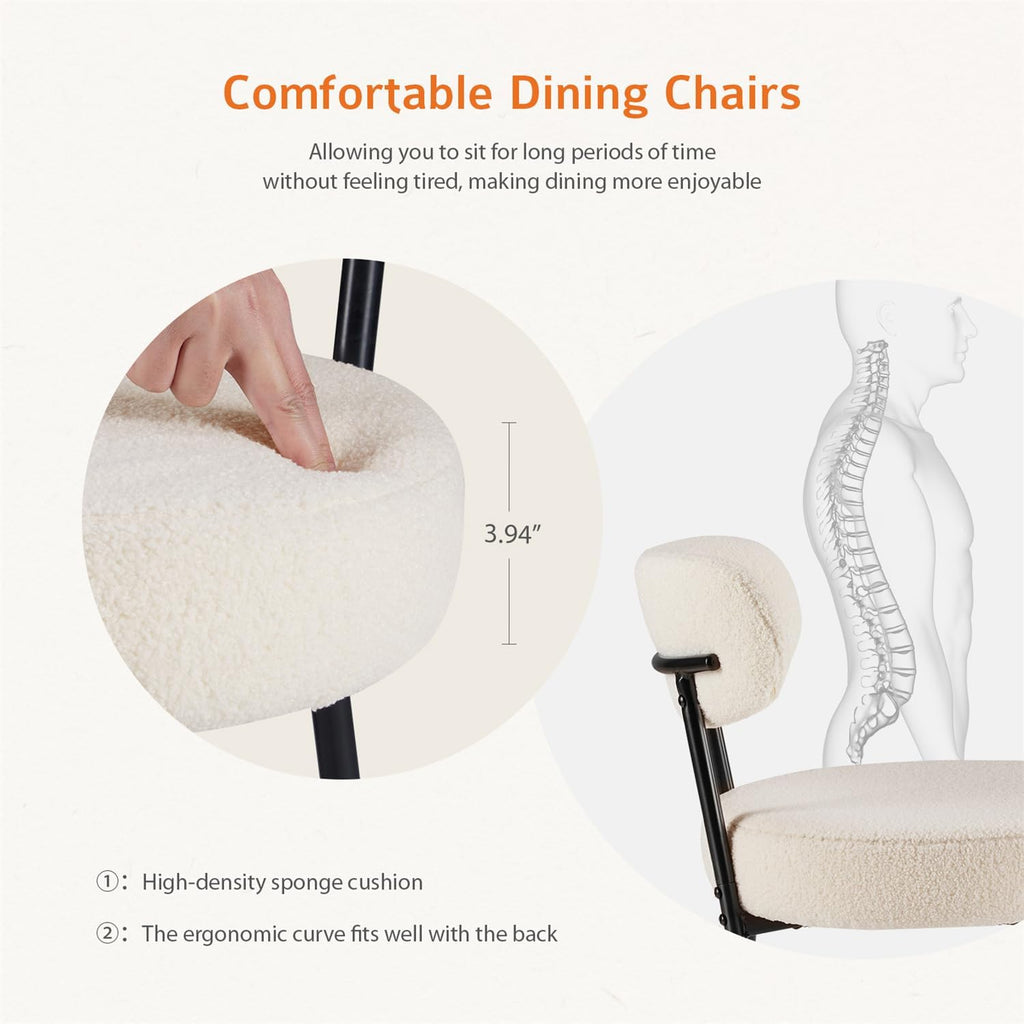 Dining Chairs Set of 2, Mid Century Modern Boucle Upholstered Kitchen Chair with Curved Backrest & Metal Legs for