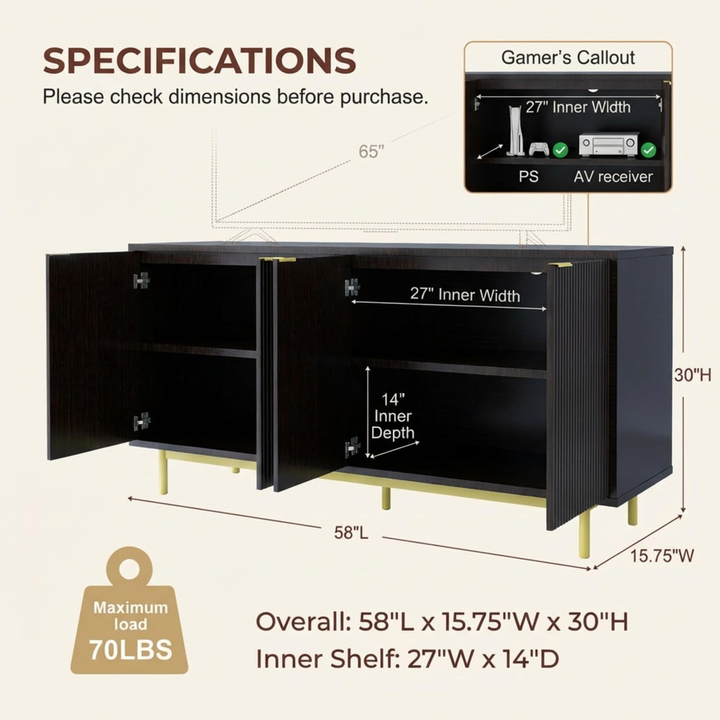 58 Inch Black TV Stand for 65 Inch TV, Modern Fluted Media Console Table with 4 Doors, Large Entertainment Center