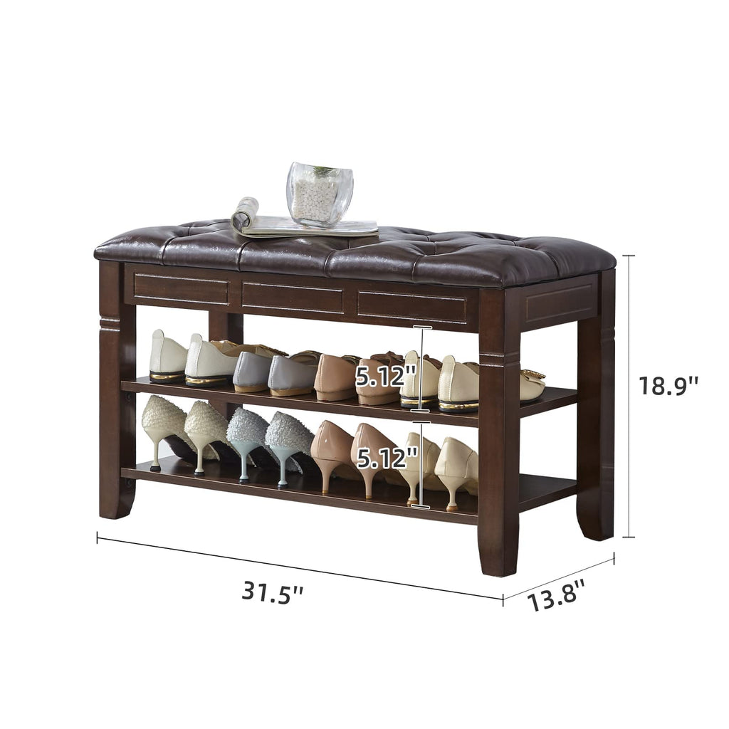 Shoe Bench, Storage Rack Organizer with Cushion 2 Tier Lift Top Shoe Rack Living Room Bedroom Hallway Wooden