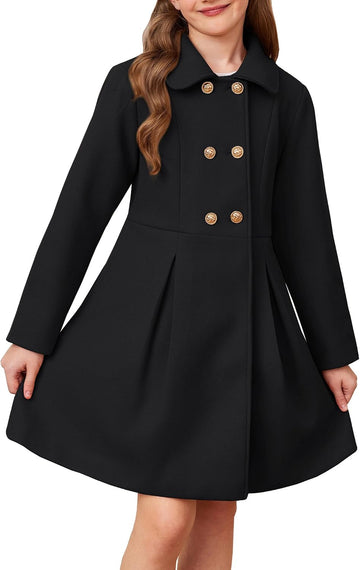 Girls Dress Coat Wool Peacoat with Lapel Pockets Winter Warm Long Jacket for Kids
