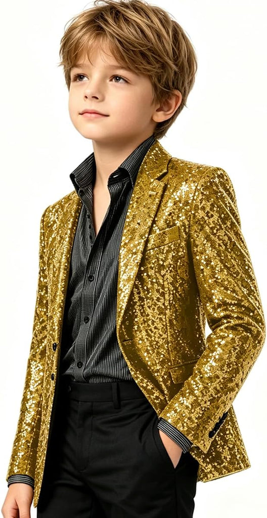 Boys Sequin Blazer Sparkle Suit Jacket Shiny Party Formal Tuxedo Coat