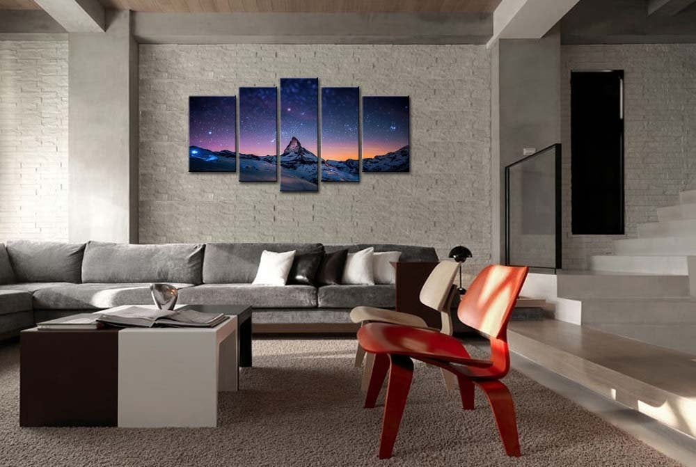 Starry Night Sky Wall Art Space Purple Star Skyline Over Mountain Canvas