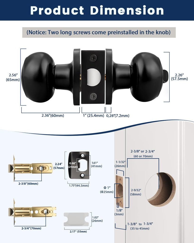10 Pack Matte Black Privacy Door Knobs Interior, Classic Round Shape Bedroom Doorknobs with Lock, Keyless Modern