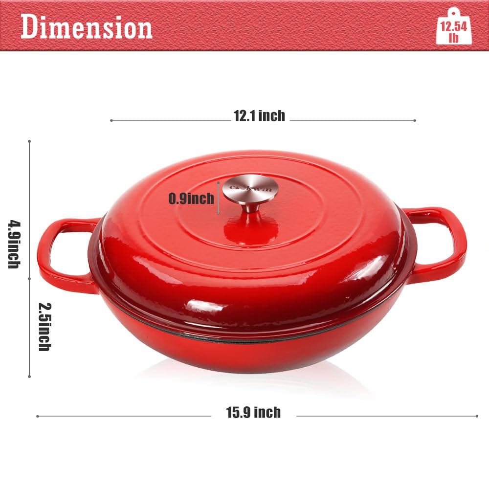 3.8 Quart Enameled Cast Iron Braiser Pan with Lid, Shallow Dutch Oven, Red