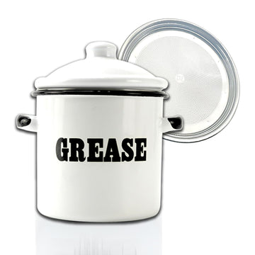 1.5L White Enamel Bacon Grease Container with Strainer, Grease Canister with Letter Pattern, Bacon Grease Saver, Oil