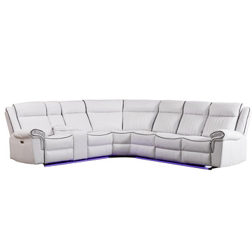 Power Reclining Sectional Sofa Faux Leather LED Strip Speaker White