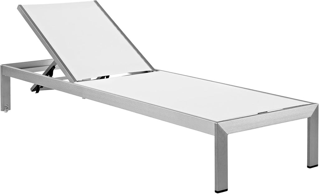 Shore Aluminum Textilene Mesh Outdoor Patio Two Poolside Chaise Lounge Chairs in Silver White