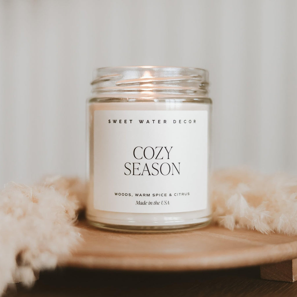 Cozy Season Candle, 9oz Clear Jar, Winter & Autumn Scent