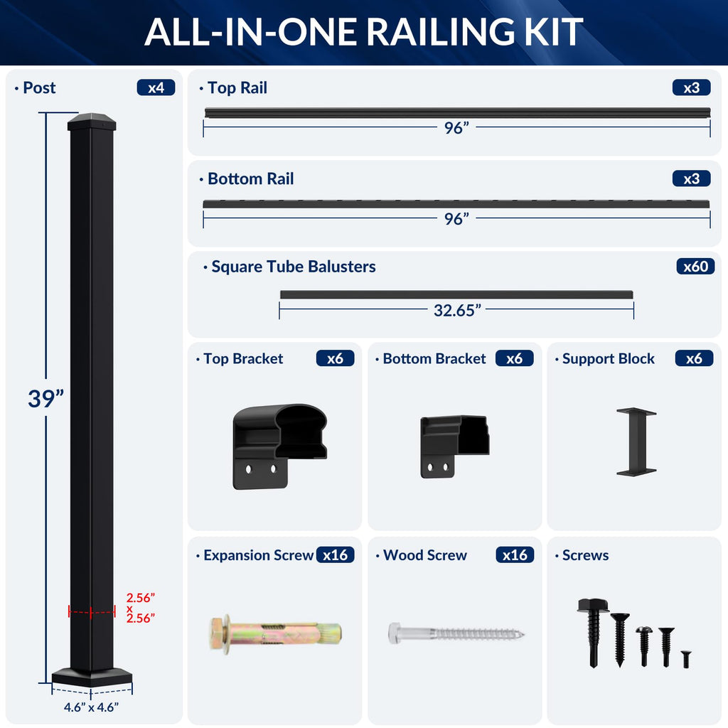 36in x 24ft Modular Aluminum Porch and Deck Railing Kit with 4 Post