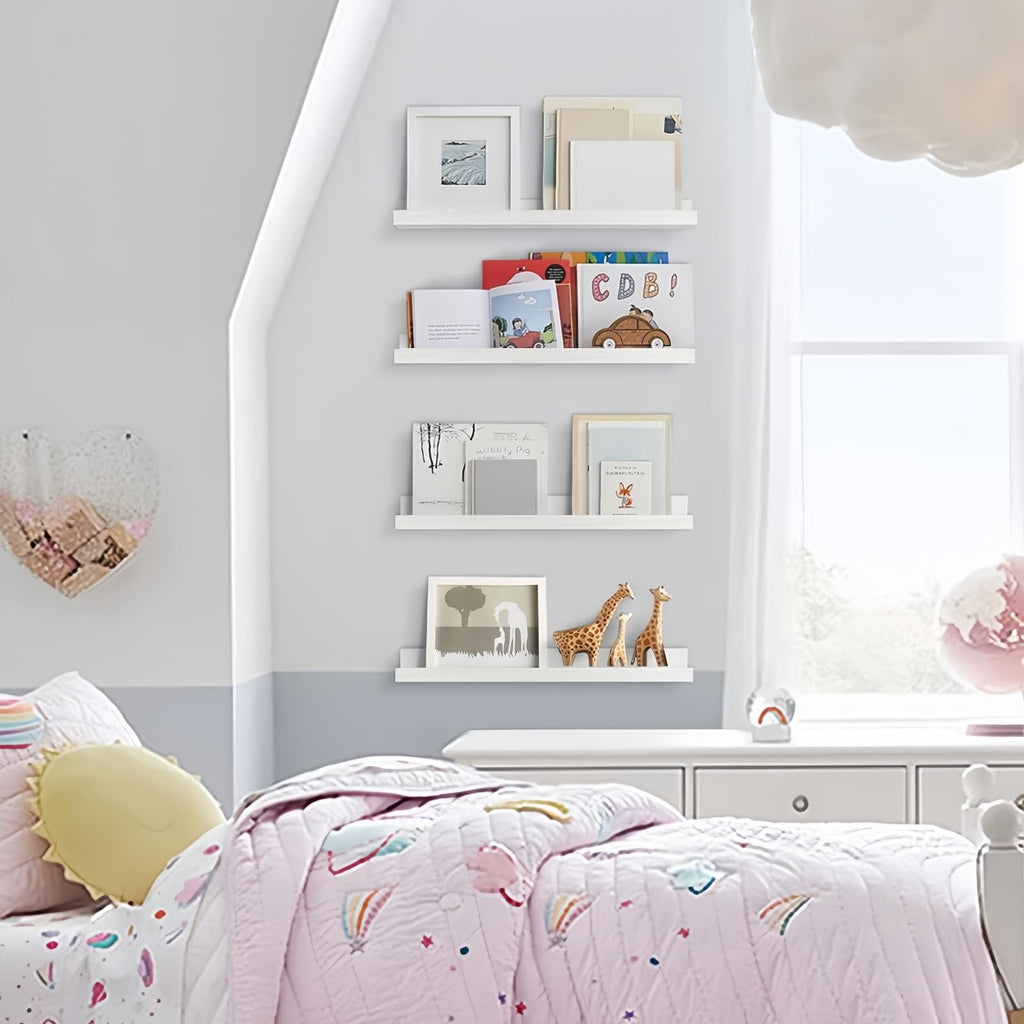 24 Inch Floating Nursery Wall Shelves, White Picture Ledge Shelf 4-Pack
