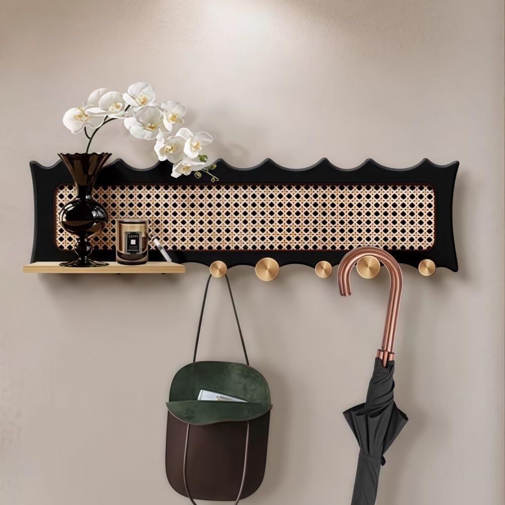 Mid-Century Wall-Mounted Coat Rack with Shelf Rattan-Inspired Entryway Organizer with 6 Hooks Wooden Hanging Rack