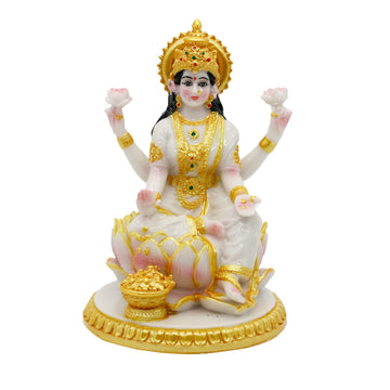 Indian Goddess Meditation Lakshmi Figurine - 5.7"H Marble Look Murti Laxmi Idol Statue Temple Mandir Pooja Item Puja