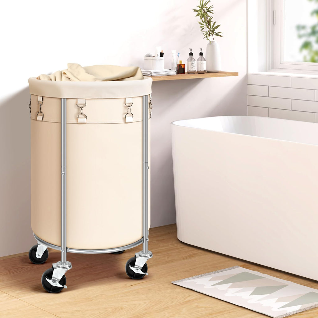 100L Round Rolling Laundry Hamper Basket with Wheels, Beige